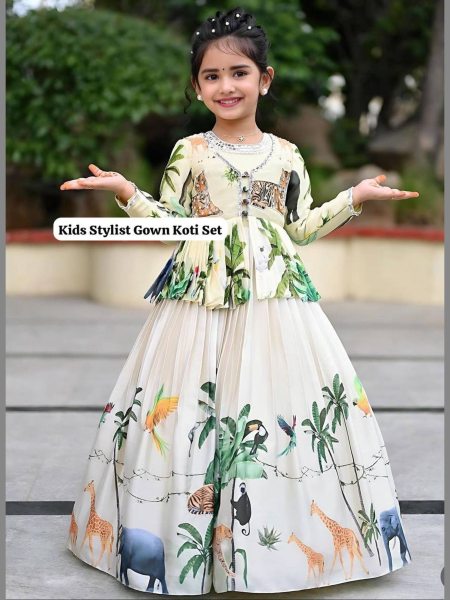 New Designer Heavy Chinon Silk Gown And Koti Set Girls Wear