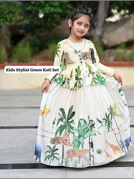 New Designer Heavy Chinon Silk Gown And Koti Set Girls Wear