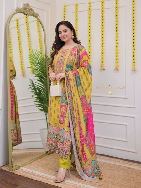 New Designer Heavy Pure Chinnon Silk With Digital Print and Real Mirror Handwork kurta with Dupatta  Ready To Wear Collection