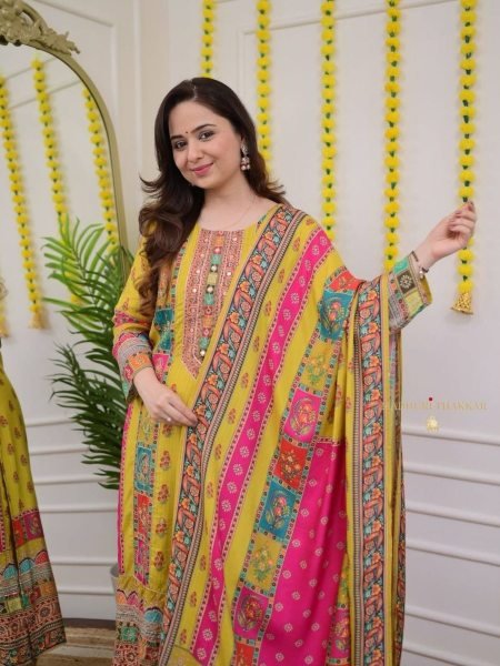 New Designer Heavy Pure Chinnon Silk With Digital Print and Real Mirror Handwork kurta with Dupatta  Ready To Wear Collection