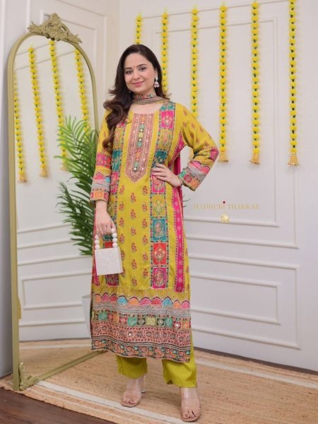 New Designer Heavy Pure Chinnon Silk With Digital Print and Real Mirror Handwork kurta with Dupatta  Ready To Wear Collection