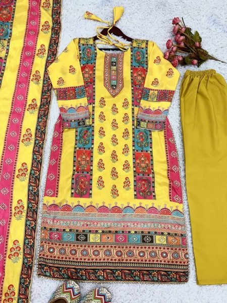 New Designer Heavy Pure Chinnon Silk With Digital Print and Real Mirror Handwork kurta with Dupatta  Ready To Wear Collection