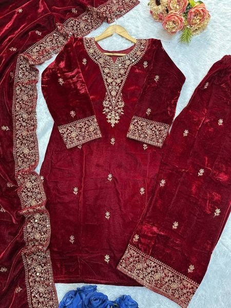 New Designer Part Wear Velvet Suit  With Heavy Embroidery Work  Ready To Wear Collection