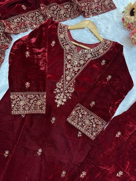 New Designer Part Wear Velvet Suit  With Heavy Embroidery Work  Ready To Wear Collection