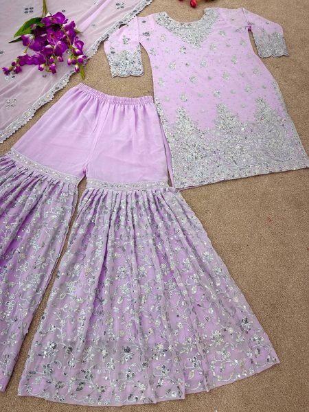 New Designer Party Wear Look Top-Plazzo and Dupatta With Heavy Embroidery Sequence Work  Sharara Set