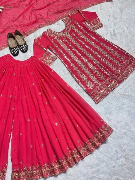  New Designer Party Wear Look Top-Plazzo and Dupatta With Heavy Embroidery Work Ready To Wear Collection