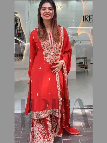 New Designer Party Wear Red Chinon Silk Top   Sharara Set with Fancy Dupatta and Embroidery 