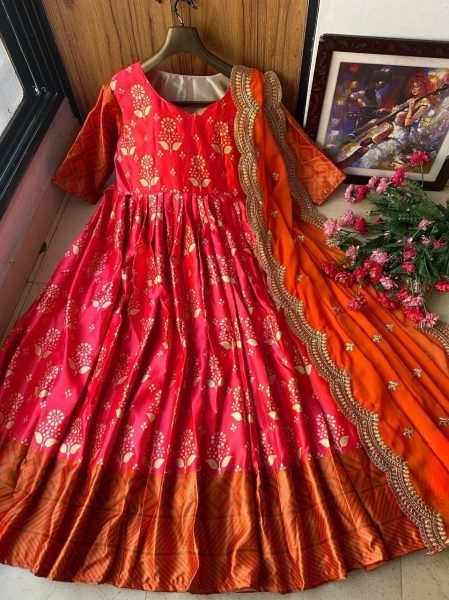 New Designer Printed Zari Silk Gown   Dupatta With Embroidery Work Ready To Wear Collection