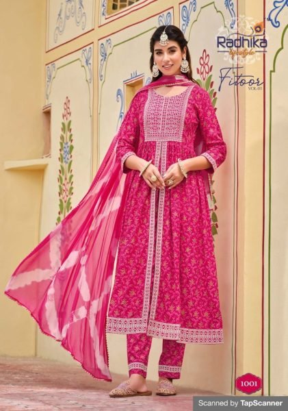 New Designer Rayon Printed Embroidery Work Kurti Pant And Dupatta 3 Piece Kurti Set