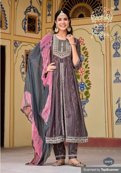 New Designer Rayon Printed Embroidery Work Kurti Pant And Dupatta 3 Piece Kurti Set