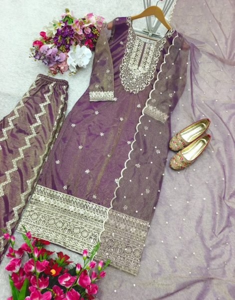 New Designer Twin Tisyu Net Top Pent and Dupatta Set Fully Stitched Ready To Wear Ready To Wear Collection