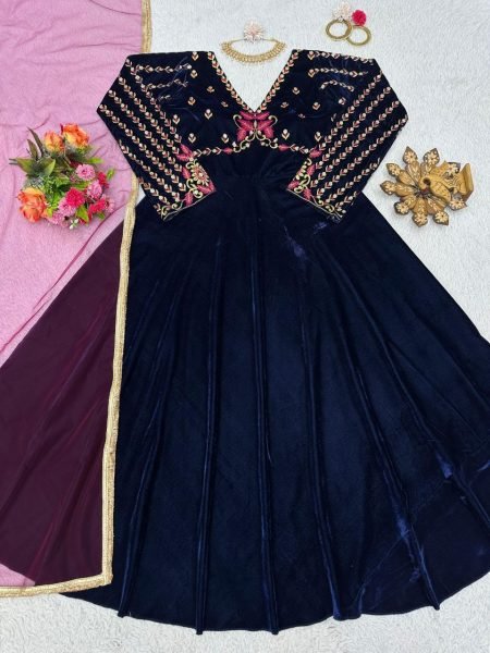 New Designer Viscose Velvet Gown With Soft Net Dupatta  Ready To Wear Collection