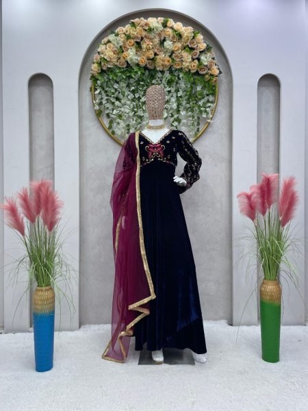 New Designer Viscose Velvet Gown With Soft Net Dupatta  Ready To Wear Collection