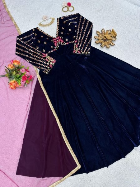 New Designer Viscose Velvet Gown With Soft Net Dupatta  Ready To Wear Collection