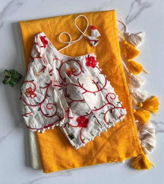 New Dual Shade Kota Doriya Saree with Embroidered Stitched Blouse Cotton Sarees Wholesale