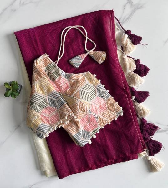 New Dual Shade Kota Doriya Saree with Embroidered Stitched Blouse Cotton Sarees Wholesale