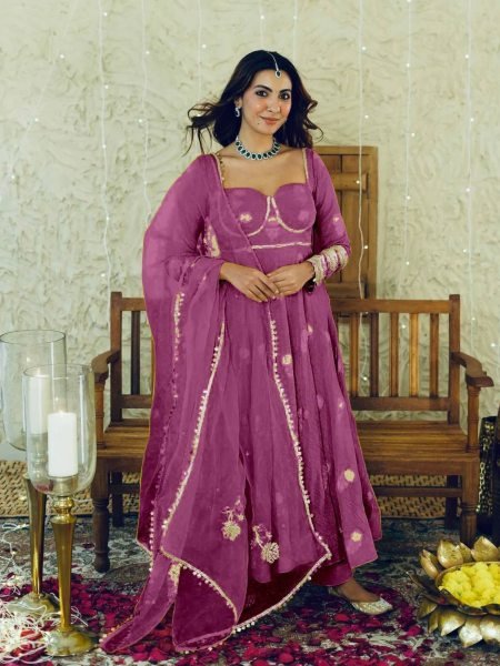 New Fashion Launch Purple Anarkali Gown Set in Chinon Silk with Heavy Work Womens Party Wear Collection 