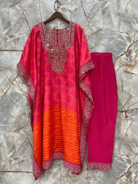 New in trend  Bandhani print kaftan with cording sequence embroidery and real mirror work  paired with stylish pants  Ready To Wear Collection