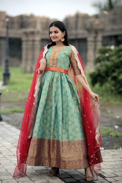 New Kanjivaram Pattu Silk  Zari  Weaving Gown Ready To Wear Collection