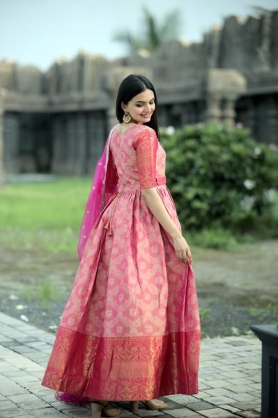 New Kanjivaram Pattu Silk  Zari  Weaving Gown Ready To Wear Collection