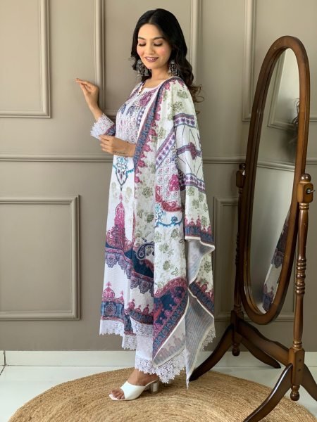 New Latest  Kora  Muslin  Kurti set with Printed Dupatta for Women  3 Piece Kurti Set