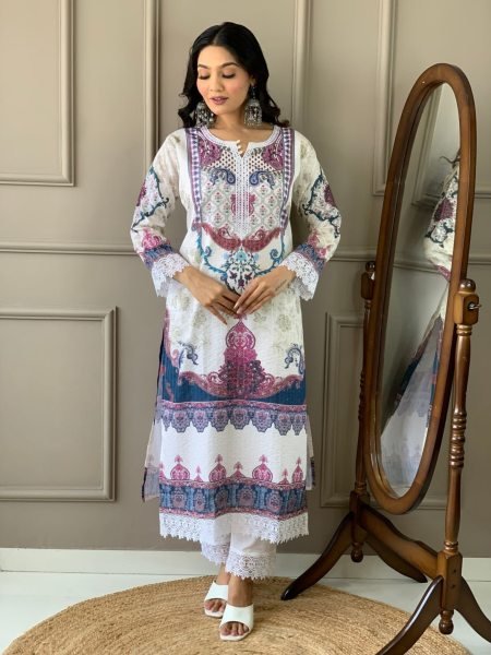 New Latest  Kora  Muslin  Kurti set with Printed Dupatta for Women  3 Piece Kurti Set