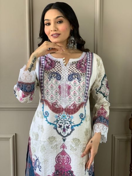 New Latest  Kora  Muslin  Kurti set with Printed Dupatta for Women  3 Piece Kurti Set