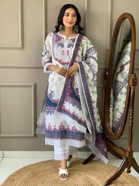 New Latest  Kora  Muslin  Kurti set with Printed Dupatta for Women  3 Piece Kurti Set