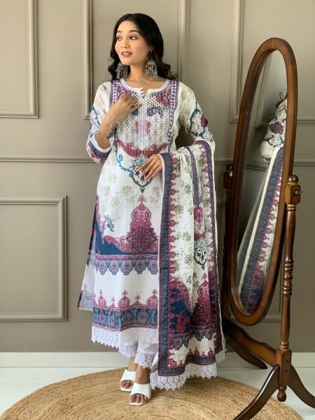 New Latest  Kora  Muslin  Kurti set with Printed Dupatta for Women  3 Piece Kurti Set