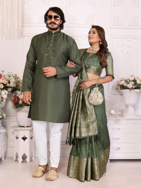 New Launch Couple Combo Set Designer Mens Kurta Pajama Elegant Womens Dola Silk Saree for Wedding   Festive Occasions 