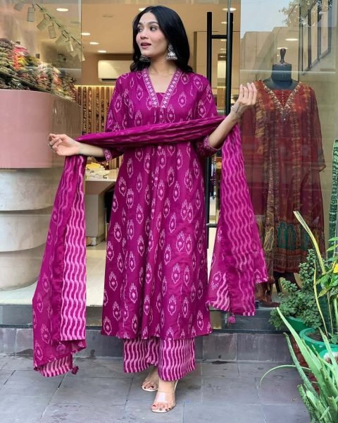 New Launch  Pure Cotton Embroidered Suit Set   3 Piece Ethnic Wear 3 Piece Kurti Set