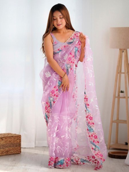 New Launch Stylish Organza Silk Saree with Floral Embroidery Design Organza Sarees Wholesale