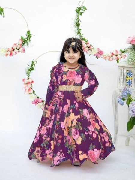 New Launching Kid s Foux Georgette  Pink Gown  with Digital Print work   Kurtis