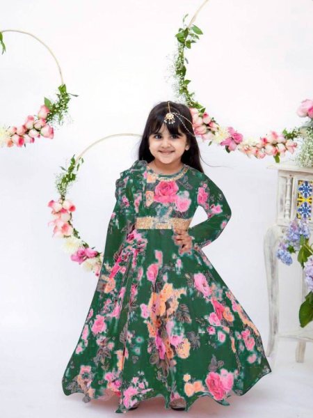 New Launching Kid s Foux Georgette  Green  Gown  with Digital Print work   Kurtis