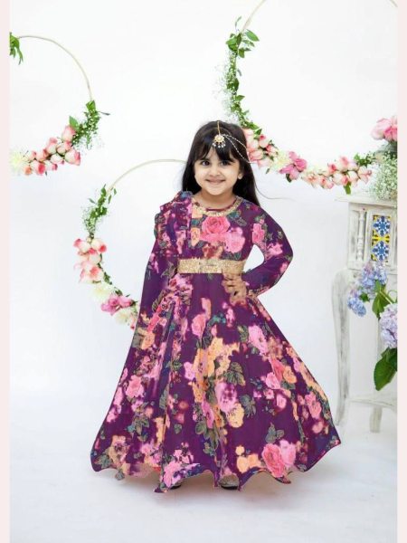 New Launching Kid s Foux Georgette  Pink Gown  with Digital Print work   Girls Wear