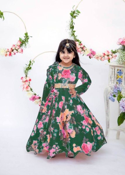 New Launching Kid s Foux Georgette  Green  Gown  with Digital Print work   Girls Wear