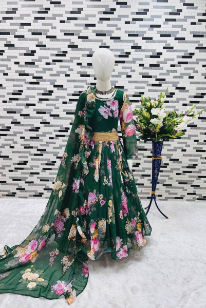 New Launching Kid s Foux Georgette  Green  Gown  with Digital Print work   Girls Wear