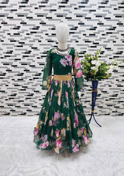 New Launching Kid s Foux Georgette  Green  Gown  with Digital Print work   Girls Wear