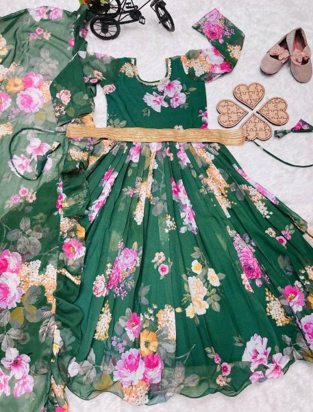 New Launching Kid s Foux Georgette  Green  Gown  with Digital Print work   Girls Wear