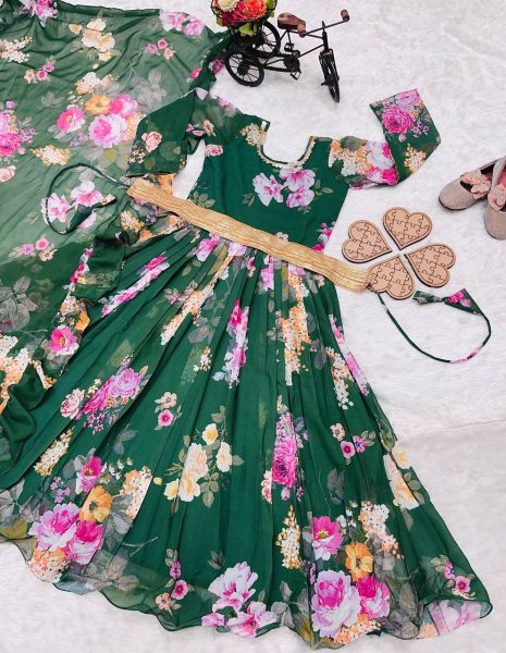 New Launching Kid s Foux Georgette  Green  Gown  with Digital Print work   Girls Wear