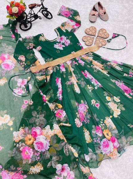 New Launching Kid s Foux Georgette  Green  Gown  with Digital Print work   Girls Wear