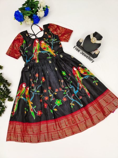 New Launching Kids Top Selling Zari Foil Work Parrot Stitched Gown & Dupatta  Girls Wear