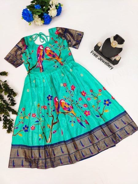 New Launching Kids Top Selling Zari Foil Work Parrot Stitched Gown & Dupatta  Girls Wear