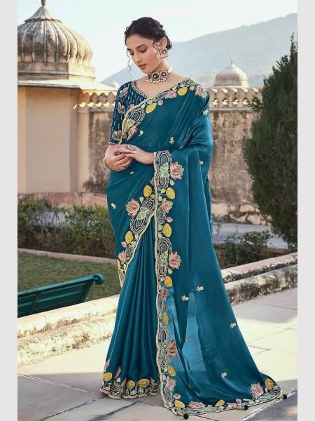 New Launching Prussian Blue Soft Jimmy Choo Silk Saree JIMMY CHOO SAREE