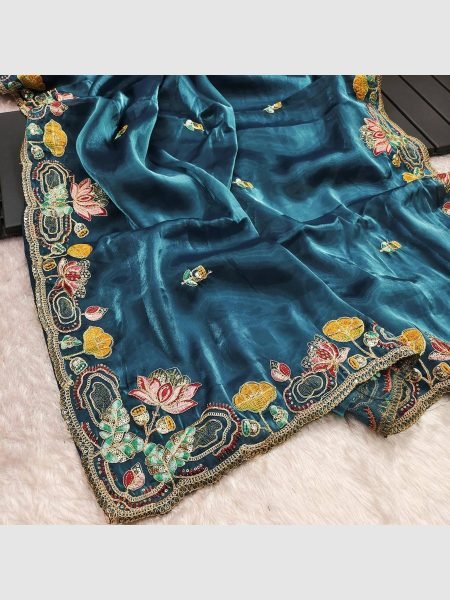 New Launching Prussian Blue Soft Jimmy Choo Silk Saree JIMMY CHOO SAREE