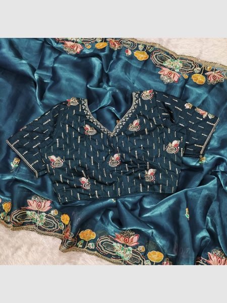 New Launching Prussian Blue Soft Jimmy Choo Silk Saree JIMMY CHOO SAREE