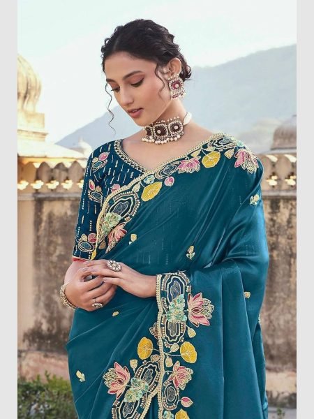 New Launching Prussian Blue Soft Jimmy Choo Silk Saree JIMMY CHOO SAREE