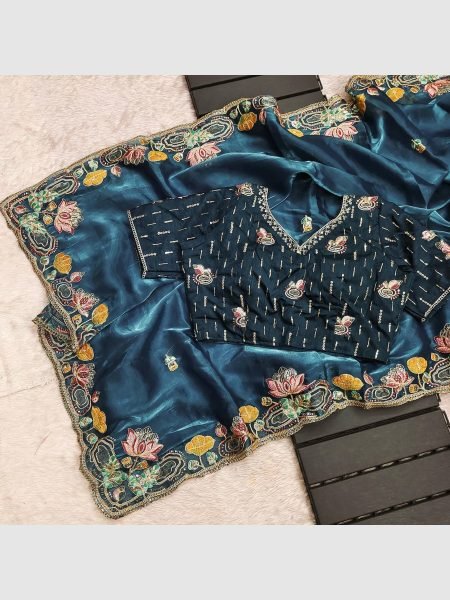 New Launching Prussian Blue Soft Jimmy Choo Silk Saree JIMMY CHOO SAREE