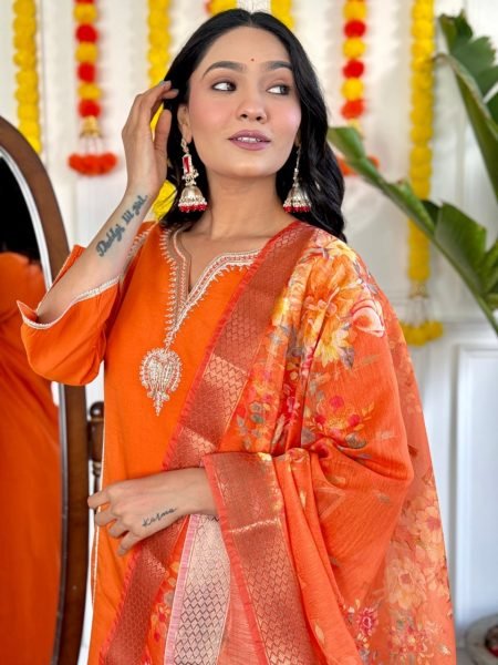 New Orange Designer Kurta Set with Embroidery and Silk Dupatta   Straight Cut Long Kurtis