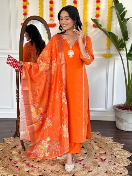 New Orange Designer Kurta Set with Embroidery and Silk Dupatta   Straight Cut Long Kurtis